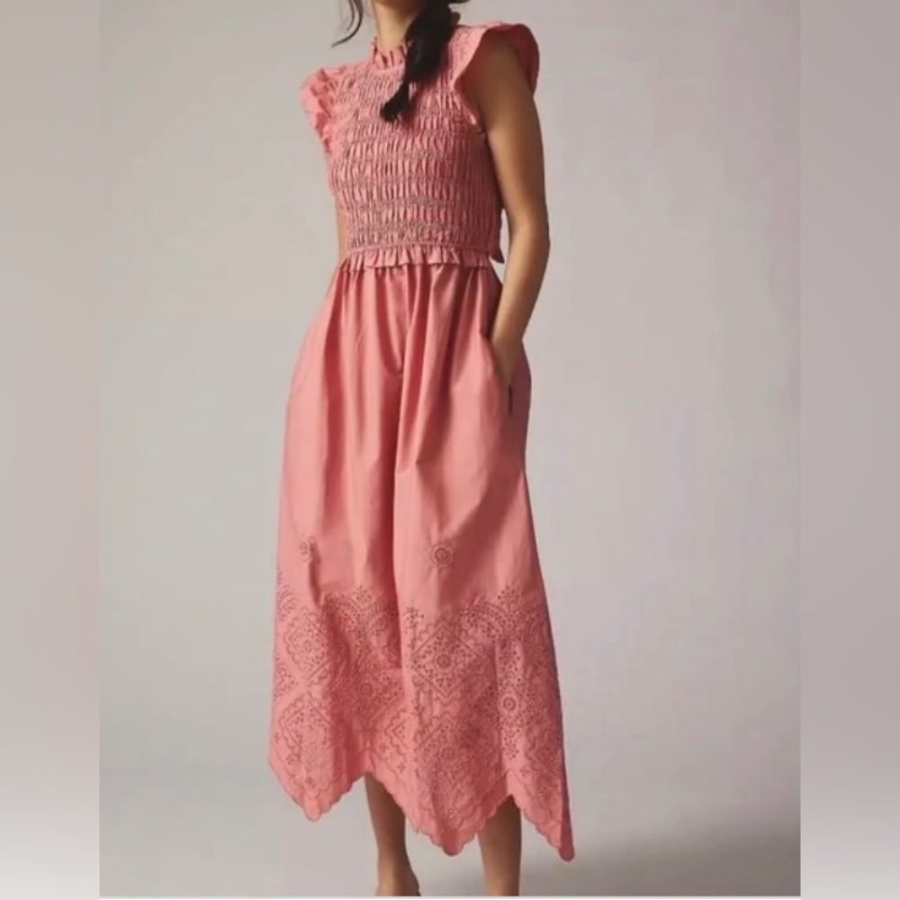 Moon River Coral Dusty Pink Smocked Midi Dress Anthropologie Smock Eyelet Dress